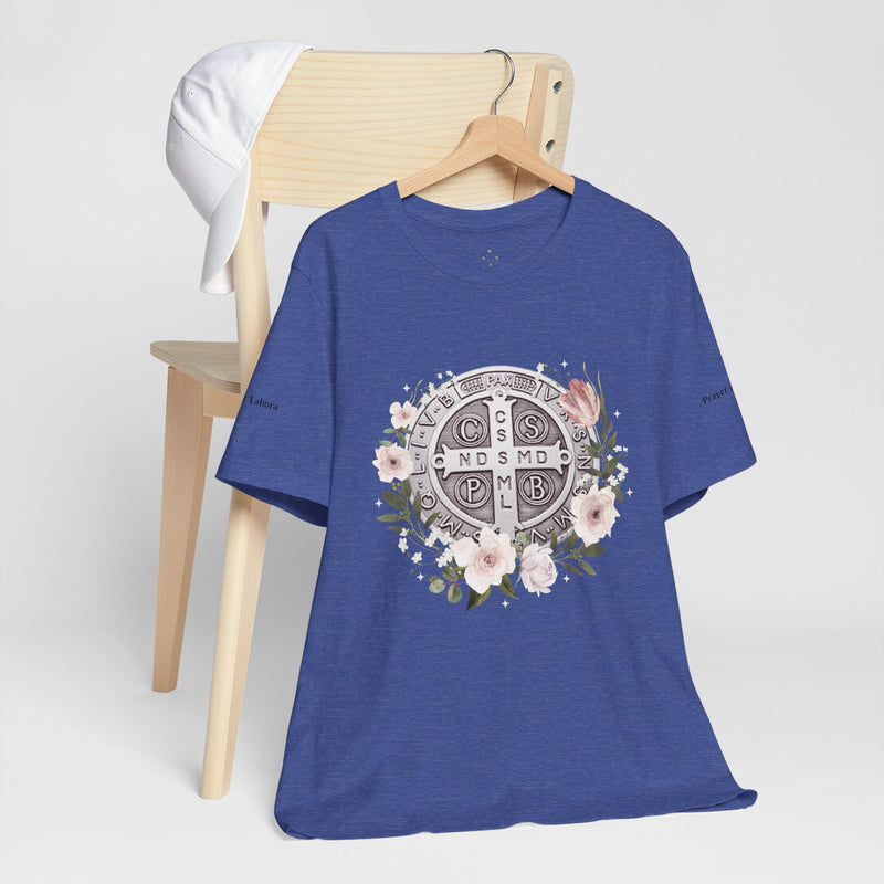 Benedictine Medal T-Shirt – Catholic Faith Floral Tee with Ora et Labora/Prayer and Work