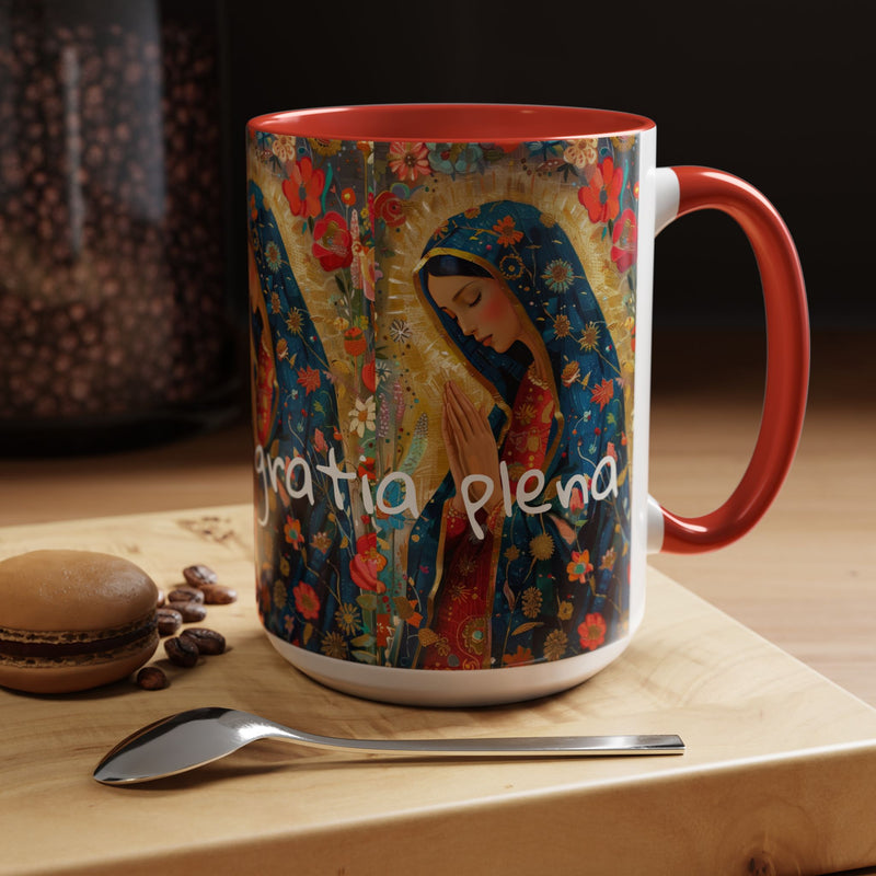 Our Lady Accent Coffee Mug – Ave Maria Gratia Plena Prayer Design (11/15oz)