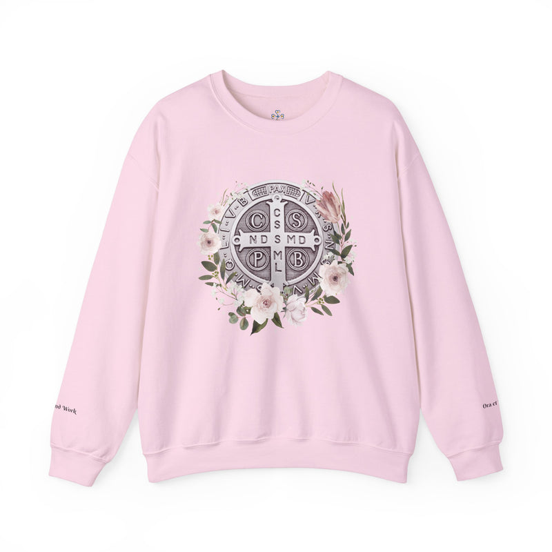 Benedictine Medal Crewneck Sweatshirt – Catholic Faith Floral Design w/ Ora et Labora/Prayer and Work