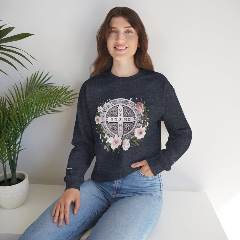 Benedictine Medal Crewneck Sweatshirt – Catholic Faith Floral Design w/ Ora et Labora/Prayer and Work