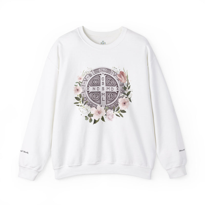 Benedictine Medal Crewneck Sweatshirt – Catholic Faith Floral Design w/ Ora et Labora/Prayer and Work