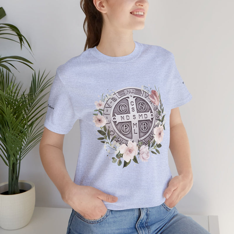 Benedictine Medal T-Shirt – Catholic Faith Floral Tee with Ora et Labora/Prayer and Work