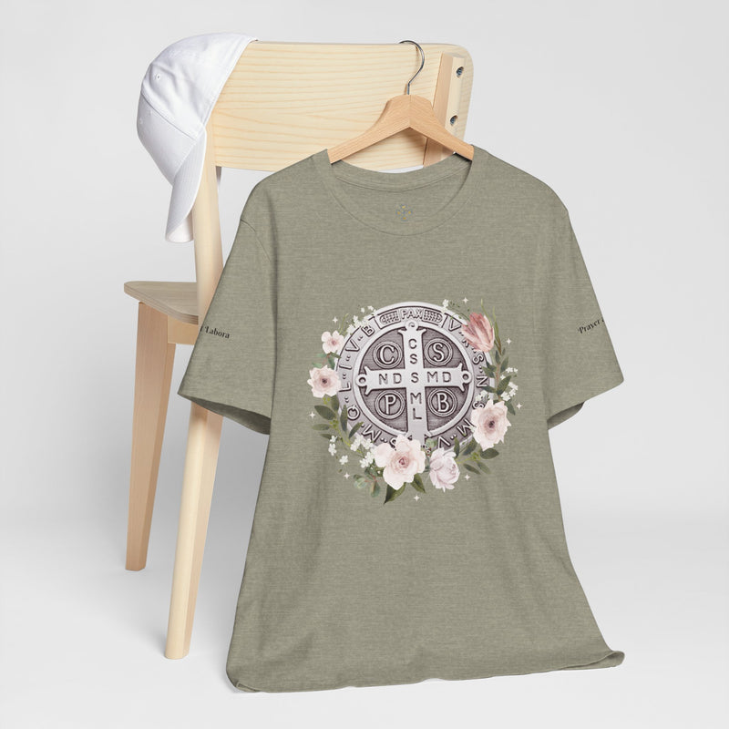 Benedictine Medal T-Shirt – Catholic Faith Floral Tee with Ora et Labora/Prayer and Work
