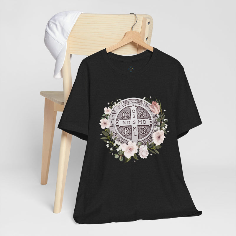 Benedictine Medal T-Shirt – Catholic Faith Floral Tee