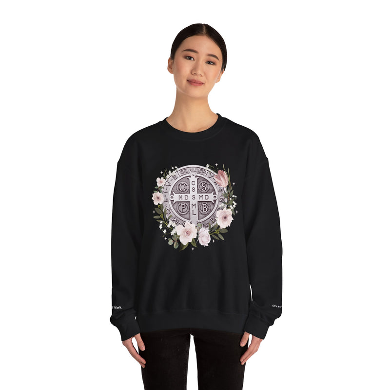 Benedictine Medal Crewneck Sweatshirt – Catholic Faith Floral Design w/ Ora et Labora/Prayer and Work