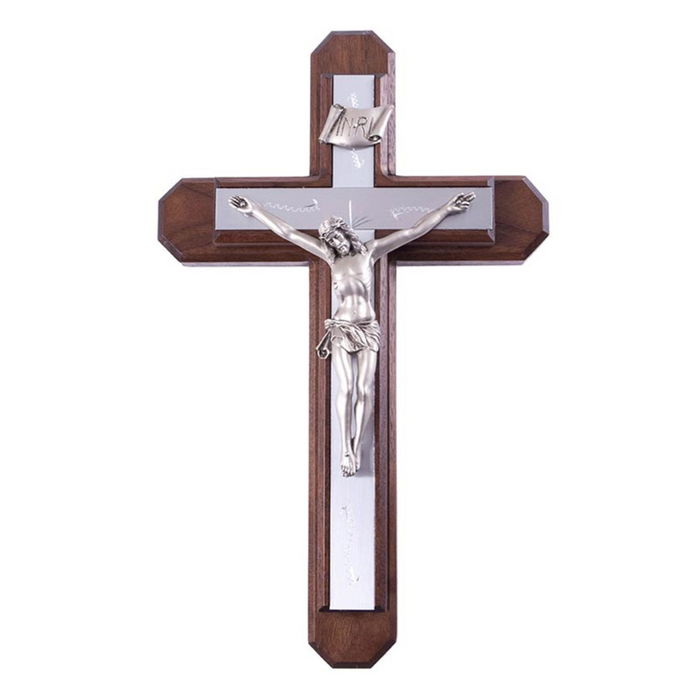 13" H Walnut Sick Call Crucifix with Silver Inlay Set