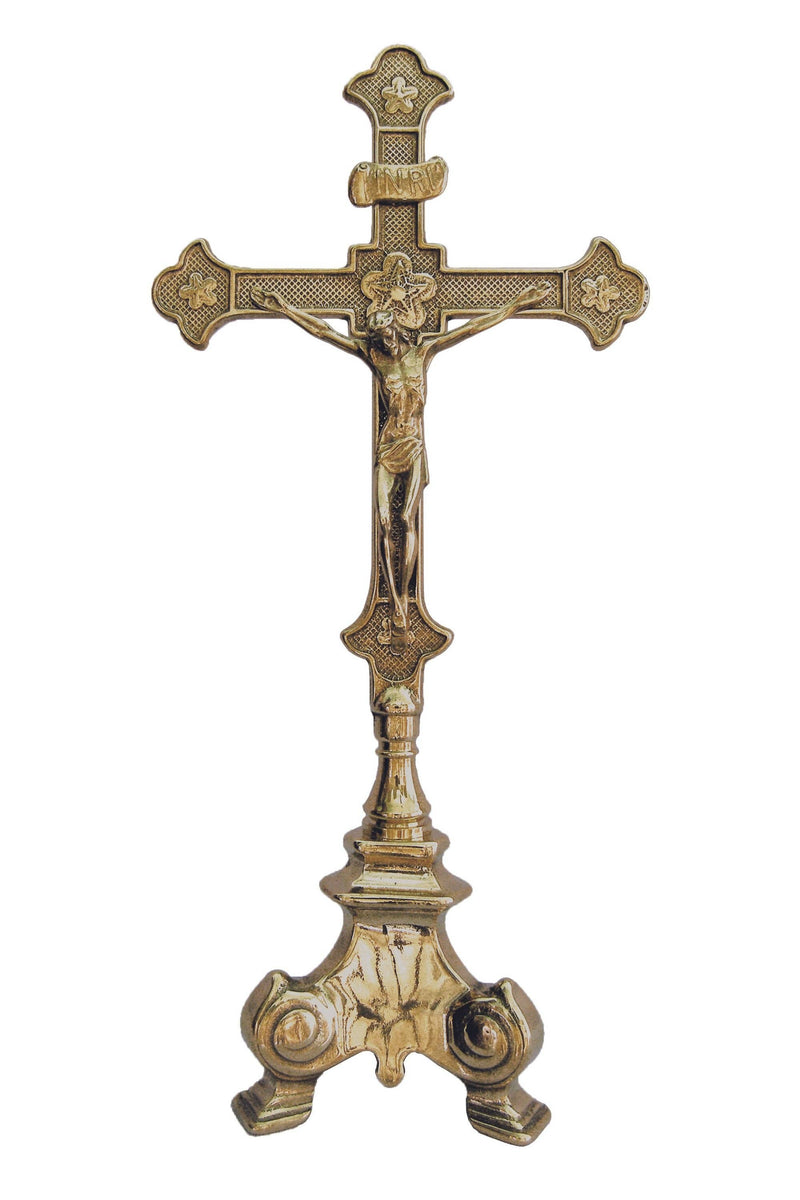 13” Shiny Brass Standing Crucifix  | Made in Italy | Catholic Home or Altar Decor