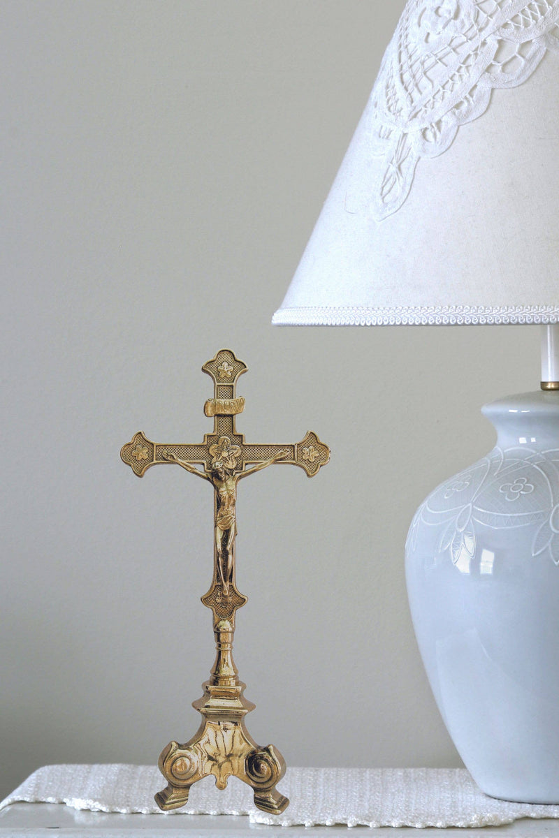 13” Shiny Brass Standing Crucifix  | Made in Italy | Catholic Home or Altar Decor