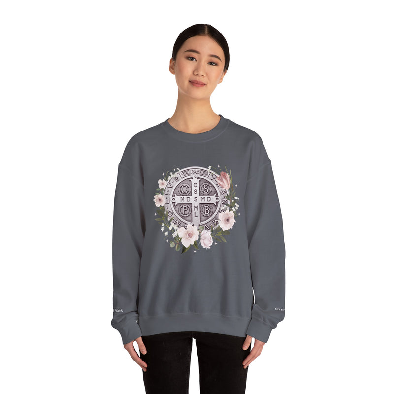 Benedictine Medal Crewneck Sweatshirt – Catholic Faith Floral Design w/ Ora et Labora/Prayer and Work