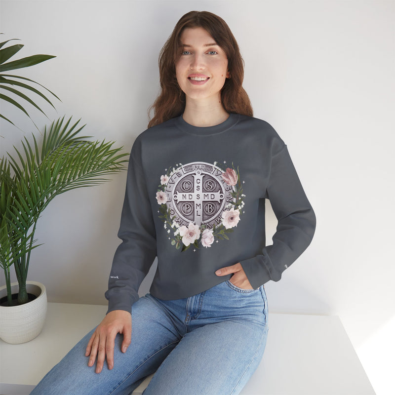 Benedictine Medal Crewneck Sweatshirt – Catholic Faith Floral Design w/ Ora et Labora/Prayer and Work