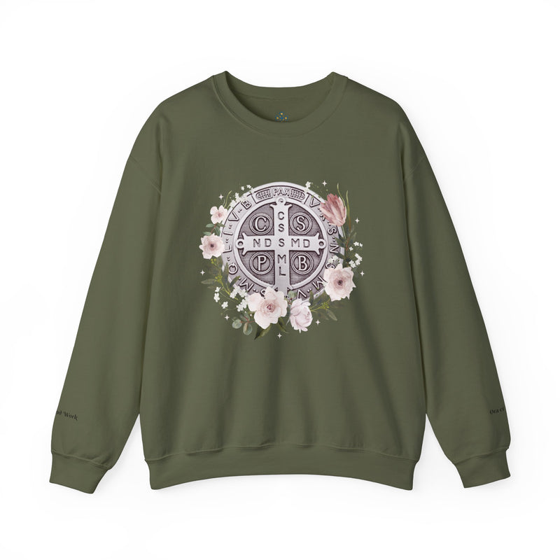 Benedictine Medal Crewneck Sweatshirt – Catholic Faith Floral Design w/ Ora et Labora/Prayer and Work