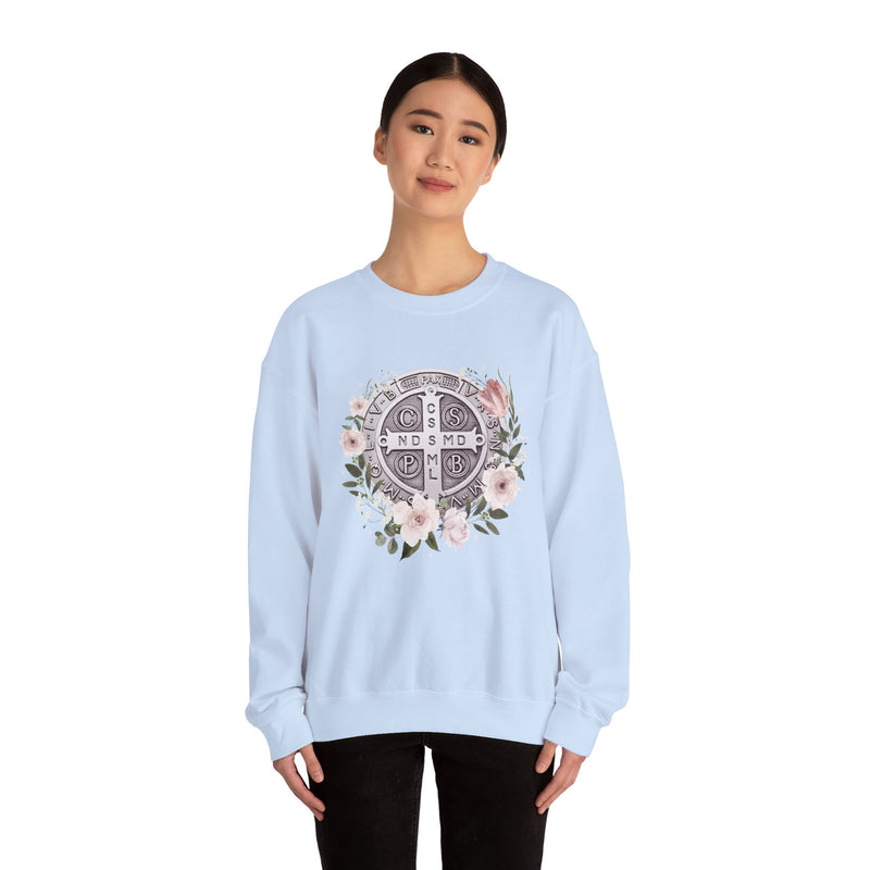 Benedictine Medal Crewneck Sweatshirt – Catholic Faith Floral