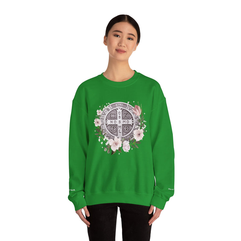 Benedictine Medal Crewneck Sweatshirt – Catholic Faith Floral Design w/ Ora et Labora/Prayer and Work