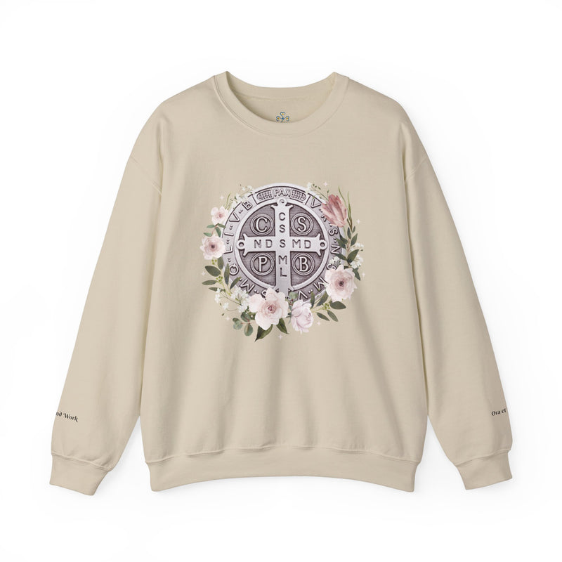 Benedictine Medal Crewneck Sweatshirt – Catholic Faith Floral Design w/ Ora et Labora/Prayer and Work