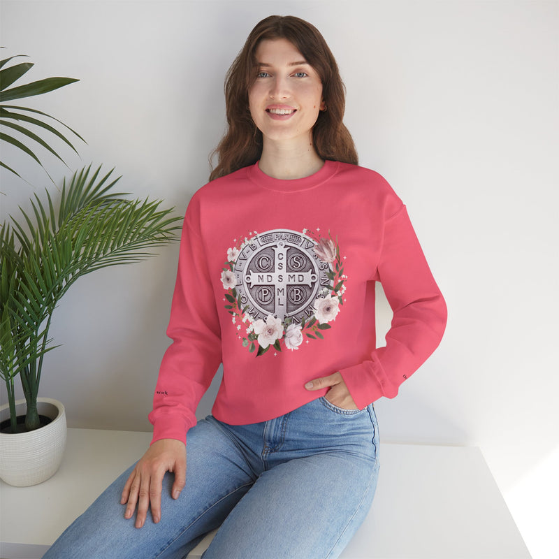 Benedictine Medal Crewneck Sweatshirt – Catholic Faith Floral Design w/ Ora et Labora/Prayer and Work