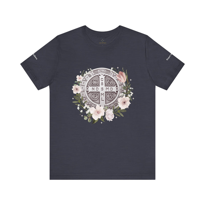 Benedictine Medal T-Shirt – Catholic Faith Floral Tee with Ora et Labora/Prayer and Work