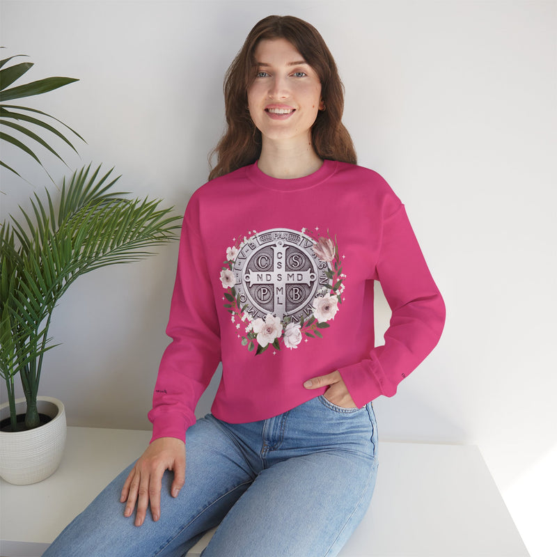 Benedictine Medal Crewneck Sweatshirt – Catholic Faith Floral Design w/ Ora et Labora/Prayer and Work