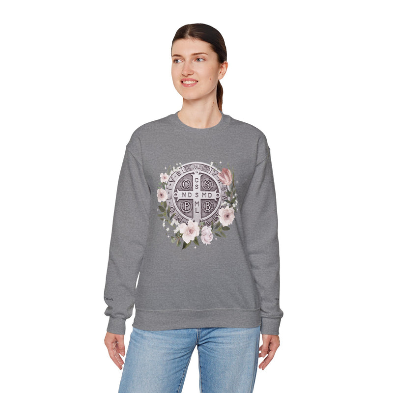 Benedictine Medal Crewneck Sweatshirt – Catholic Faith Floral Design w/ Ora et Labora/Prayer and Work