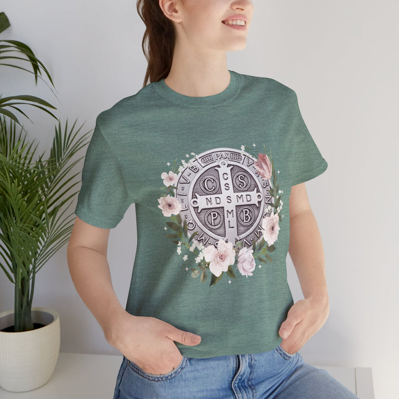 Benedictine Medal T-Shirt – Catholic Faith Floral Tee