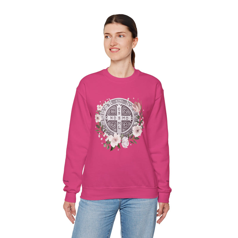 Benedictine Medal Crewneck Sweatshirt – Catholic Faith Floral Design w/ Ora et Labora/Prayer and Work
