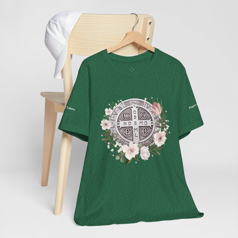 Benedictine Medal T-Shirt – Catholic Faith Floral Tee with Ora et Labora/Prayer and Work