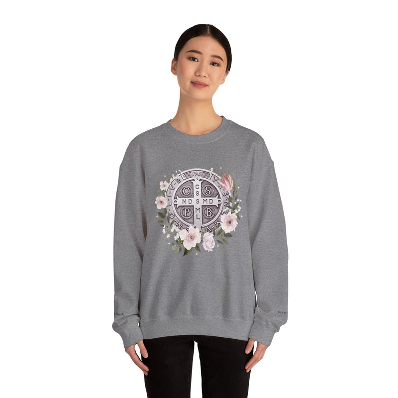 Benedictine Medal Crewneck Sweatshirt – Catholic Faith Floral Design w/ Ora et Labora/Prayer and Work