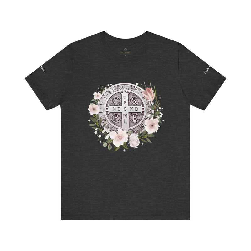Benedictine Medal T-Shirt – Catholic Faith Floral Tee with Ora et Labora/Prayer and Work