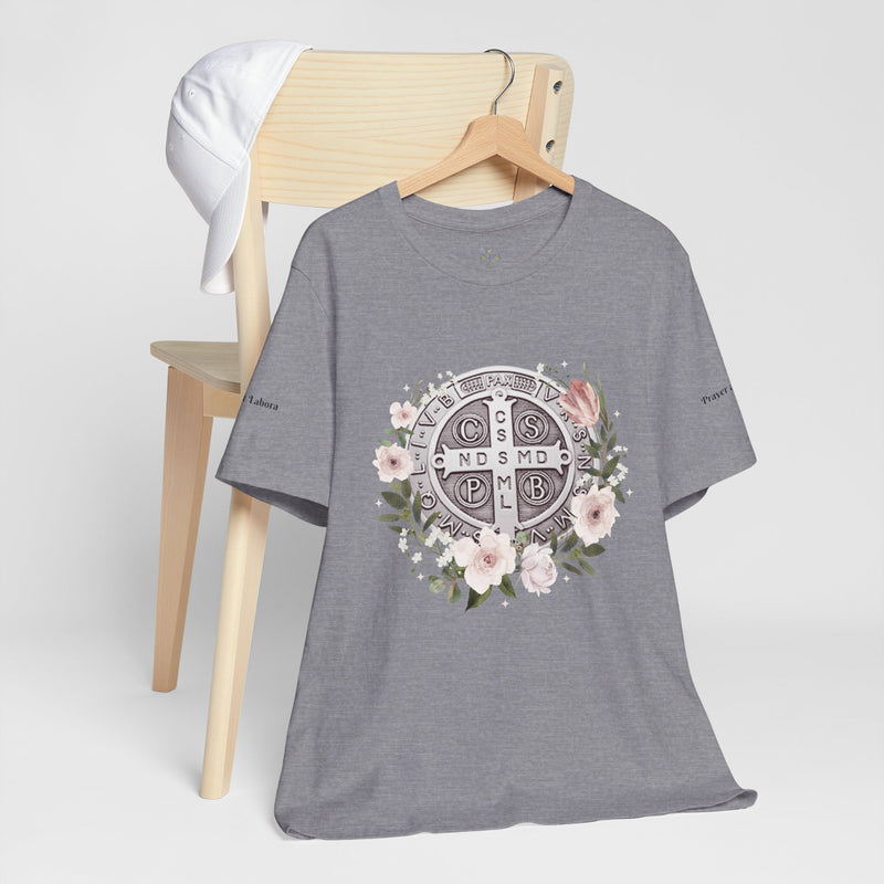 Benedictine Medal T-Shirt – Catholic Faith Floral Tee with Ora et Labora/Prayer and Work