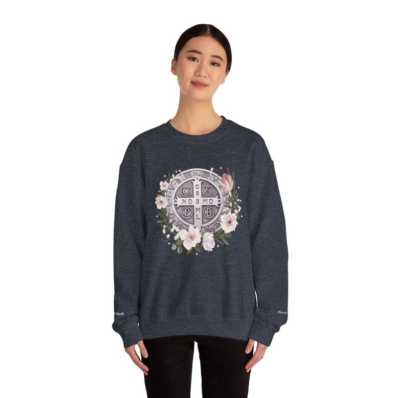 Benedictine Medal Crewneck Sweatshirt – Catholic Faith Floral Design w/ Ora et Labora/Prayer and Work