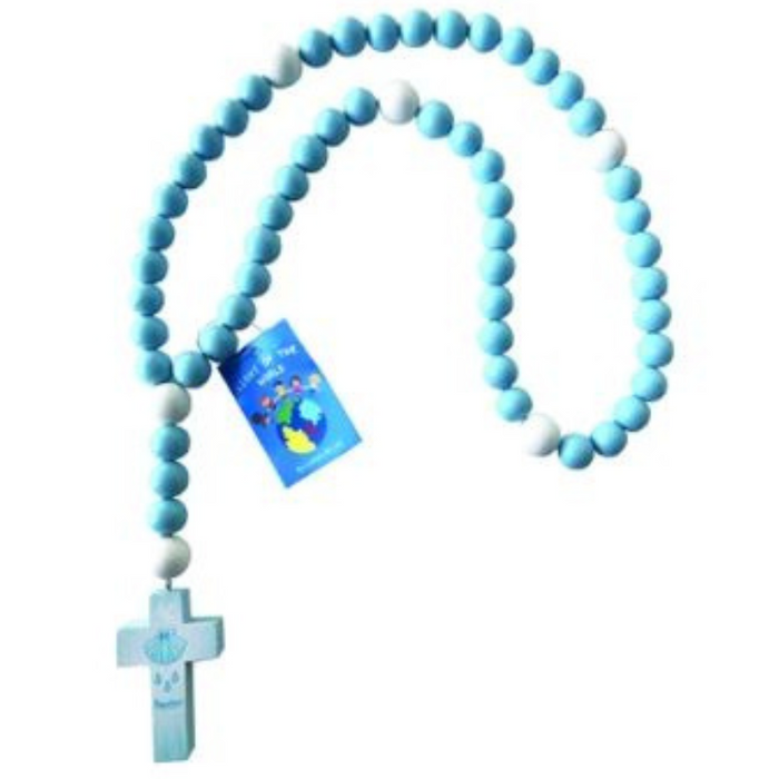 15mm Lead Free Baby Baptism Rosary w/ Large Blue Wood Beads