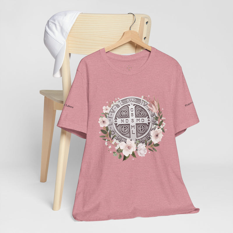 Benedictine Medal T-Shirt – Catholic Faith Floral Tee with Ora et Labora/Prayer and Work