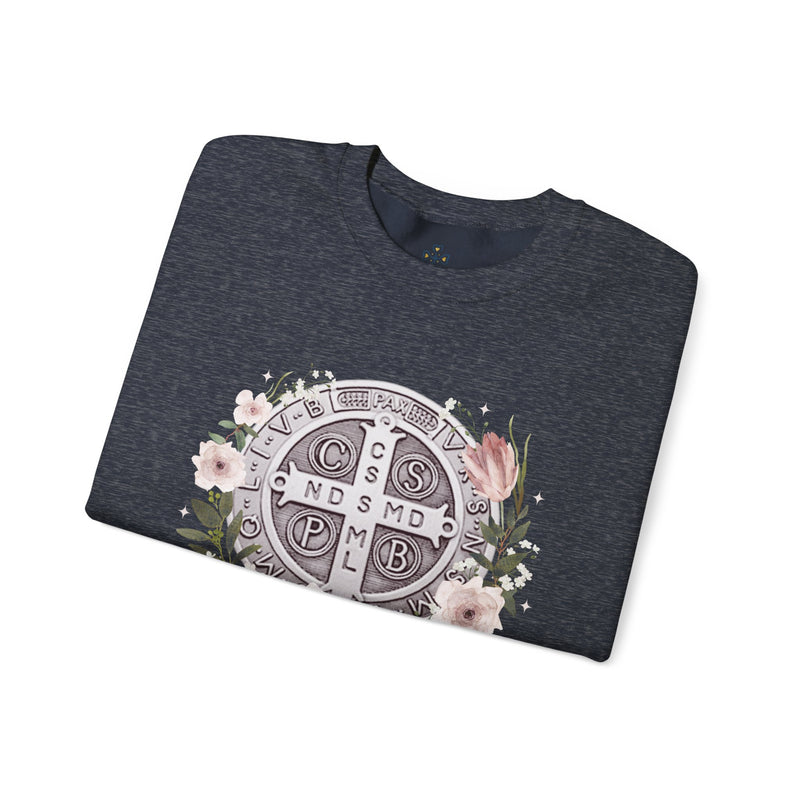 Benedictine Medal Crewneck Sweatshirt – Catholic Faith Floral Design w/ Ora et Labora/Prayer and Work