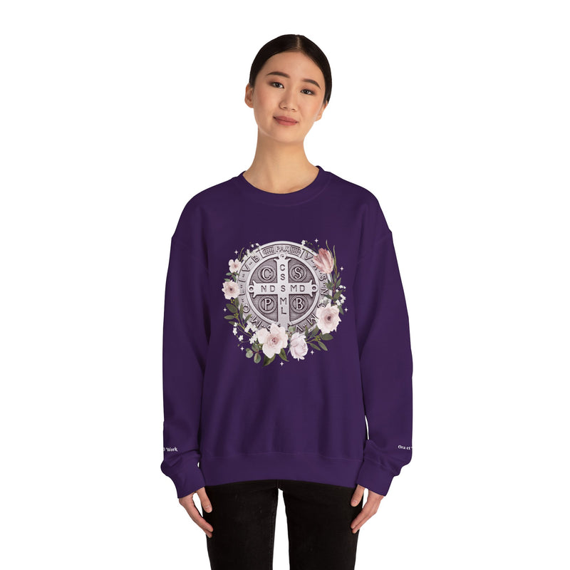 Benedictine Medal Crewneck Sweatshirt – Catholic Faith Floral Design w/ Ora et Labora/Prayer and Work
