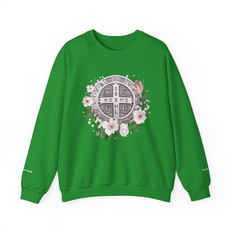Benedictine Medal Crewneck Sweatshirt – Catholic Faith Floral Design w/ Ora et Labora/Prayer and Work