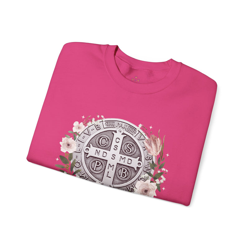 Benedictine Medal Crewneck Sweatshirt – Catholic Faith Floral Design w/ Ora et Labora/Prayer and Work