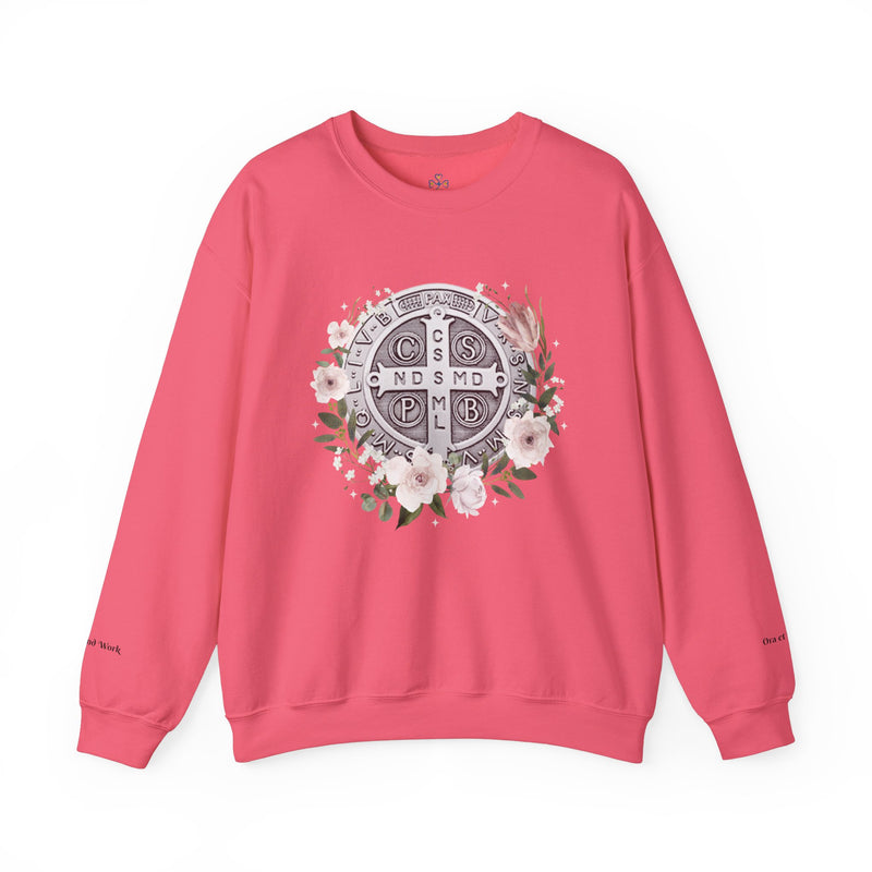 Benedictine Medal Crewneck Sweatshirt – Catholic Faith Floral Design w/ Ora et Labora/Prayer and Work