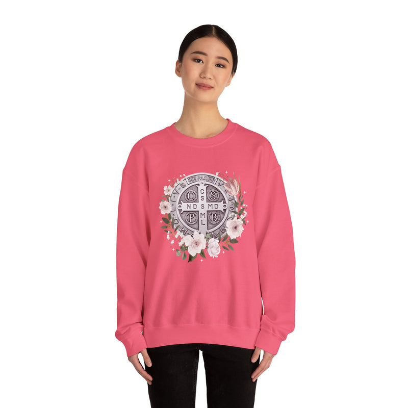 Benedictine Medal Crewneck Sweatshirt – Catholic Faith Floral