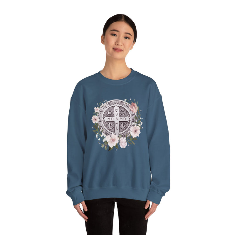 Benedictine Medal Crewneck Sweatshirt – Catholic Faith Floral