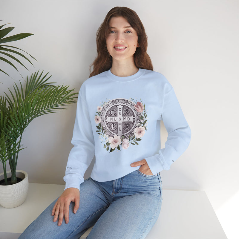 Benedictine Medal Crewneck Sweatshirt – Catholic Faith Floral Design w/ Ora et Labora/Prayer and Work