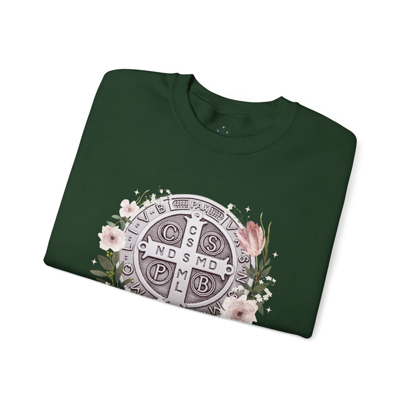 Benedictine Medal Crewneck Sweatshirt – Catholic Faith Floral Design w/ Ora et Labora/Prayer and Work