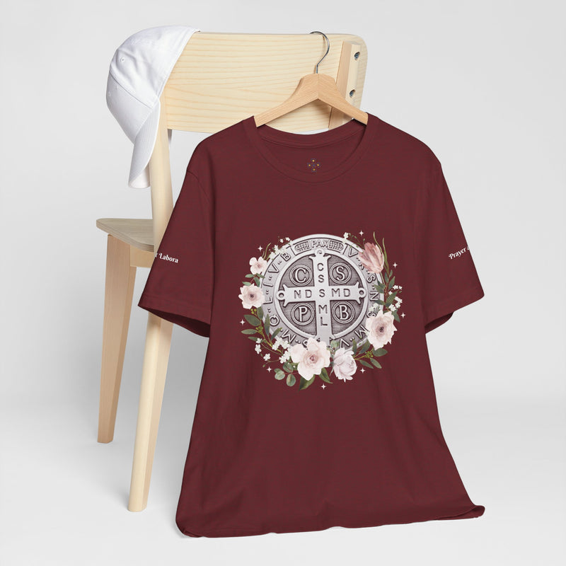 Benedictine Medal T-Shirt – Catholic Faith Floral Tee with Ora et Labora/Prayer and Work