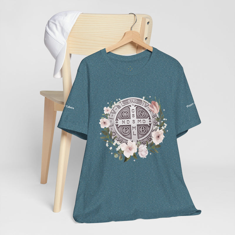 Benedictine Medal T-Shirt – Catholic Faith Floral Tee with Ora et Labora/Prayer and Work