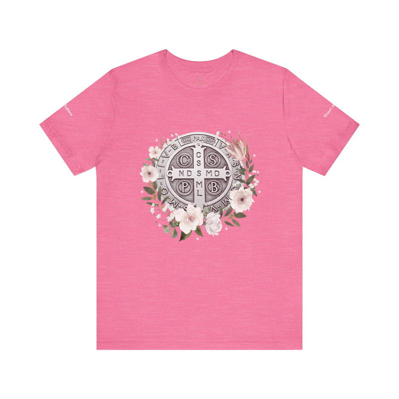 Benedictine Medal T-Shirt – Catholic Faith Floral Tee with Ora et Labora/Prayer and Work
