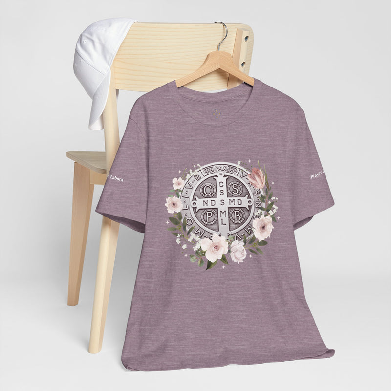 Benedictine Medal T-Shirt – Catholic Faith Floral Tee with Ora et Labora/Prayer and Work