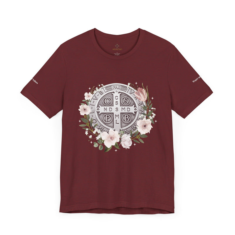 Benedictine Medal T-Shirt – Catholic Faith Floral Tee with Ora et Labora/Prayer and Work