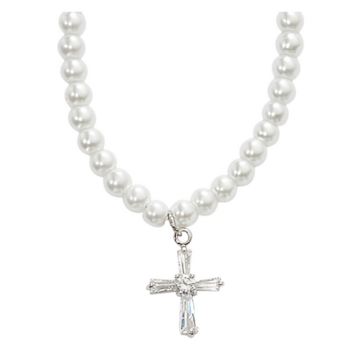 16" Pearl Stretch Necklace with Crystal Stone Cross - BEST SELLER