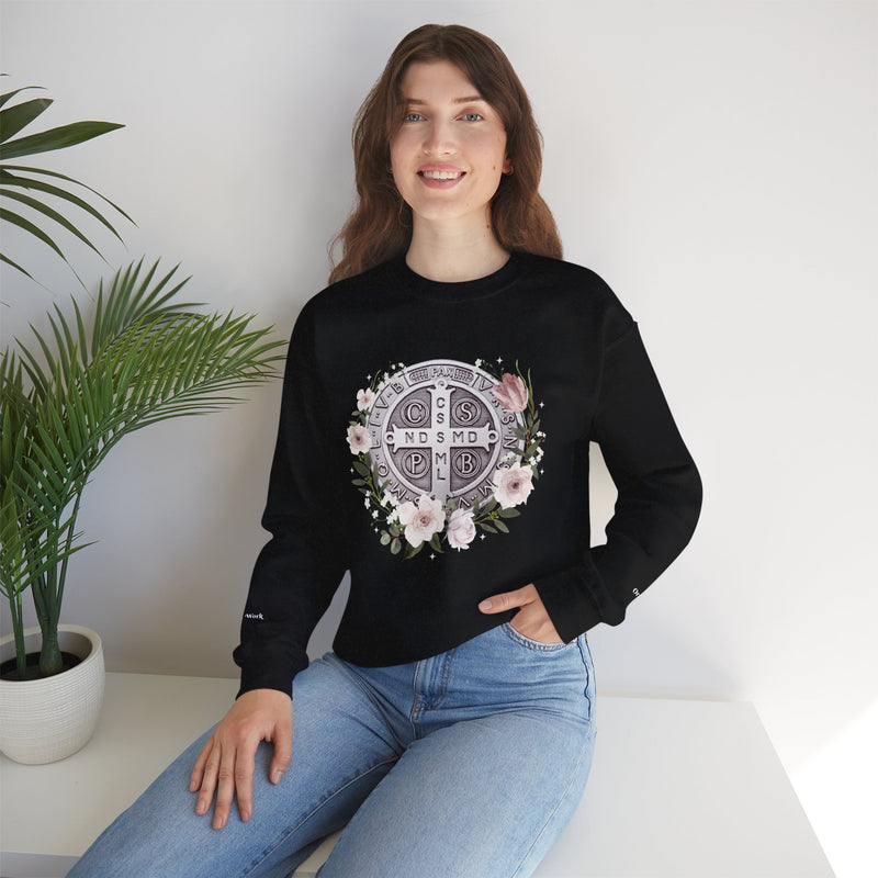 Benedictine Medal Crewneck Sweatshirt – Catholic Faith Floral Design w/ Ora et Labora/Prayer and Work