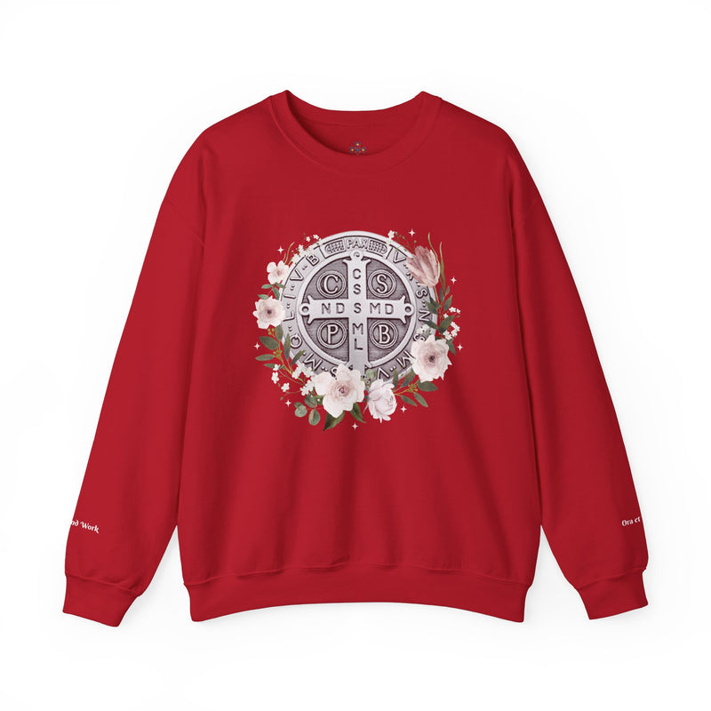 Benedictine Medal Crewneck Sweatshirt – Catholic Faith Floral Design w/ Ora et Labora/Prayer and Work