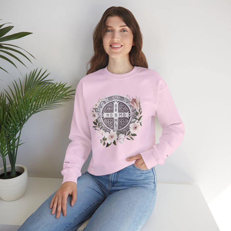 Benedictine Medal Crewneck Sweatshirt – Catholic Faith Floral Design w/ Ora et Labora/Prayer and Work