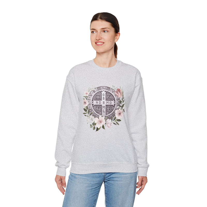 Benedictine Medal Crewneck Sweatshirt – Catholic Faith Floral